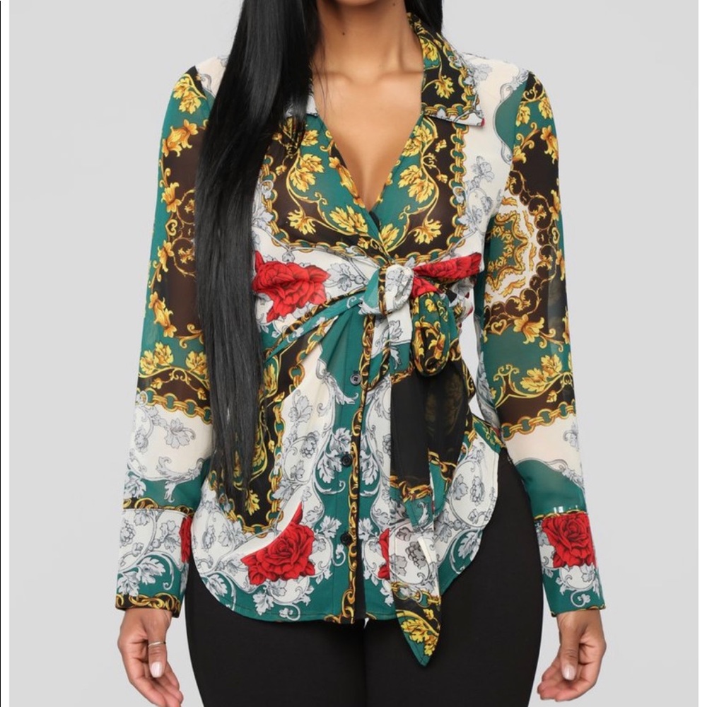NEVER WORN Green Gold Sheer Long Sleeve Blouse NEW
